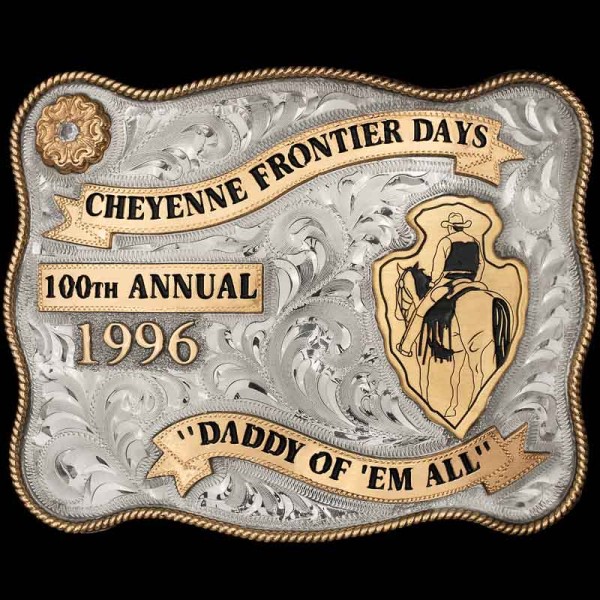 """No hour of life is wasted that is spent in the saddle."" -Winston Churchill. Our Powell Belt Buckle features a cowboy on horseback set on a Jeweler's Bronze arrowhead, representing the time we all cherish in the saddle. This Bu